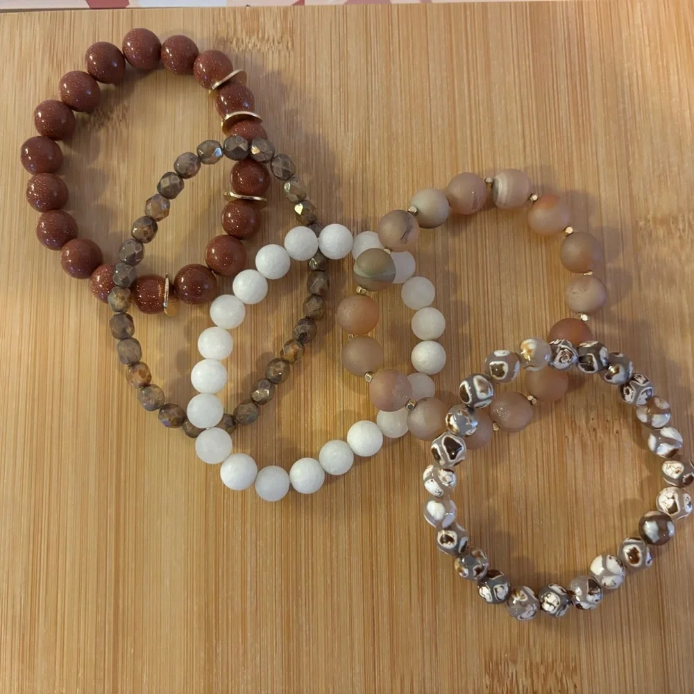 Handmade Etched Agate Goldstone Czech Glass Bracelet Stack Set of 5 NWT